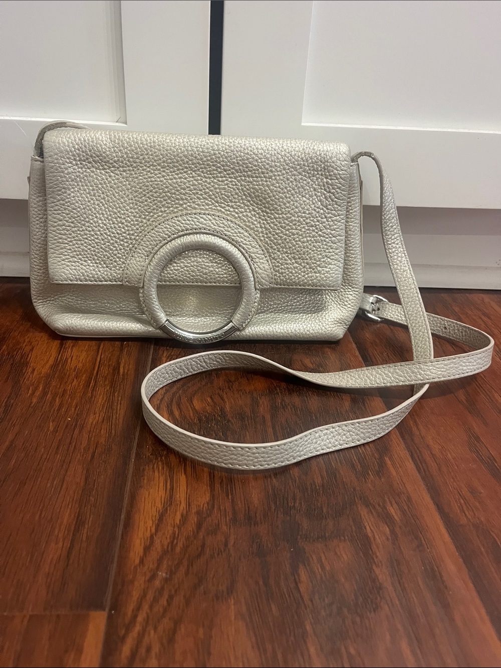 Vince Camuto Metallic Silver Pebbled Genuine Leather Crossbody with Ring Accent